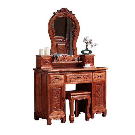 What is Included Size: 43"L x 18"W x 68"H 43"L x 20"W x 65"H Length: Standard (30-50 in.) Width: Standard (15 - 25 in.) Style: Traditional Color: Brown Red Brown Material: Wood Table Top Material: Wood Wood Tone: Red Wood Product Type: Makeup Vanity & Mirror & Stools Weights & Dimensions Overall Length - Side to Side: 42.5" (108 cm) Overall Width - Front to Back: 18" (45 cm) 19.5" (50 cm) Table Height - Top to Bottom: 32" (81 cm) 29.5" (75 cm) Seat Length - Side to Side: 14" (36 cm)