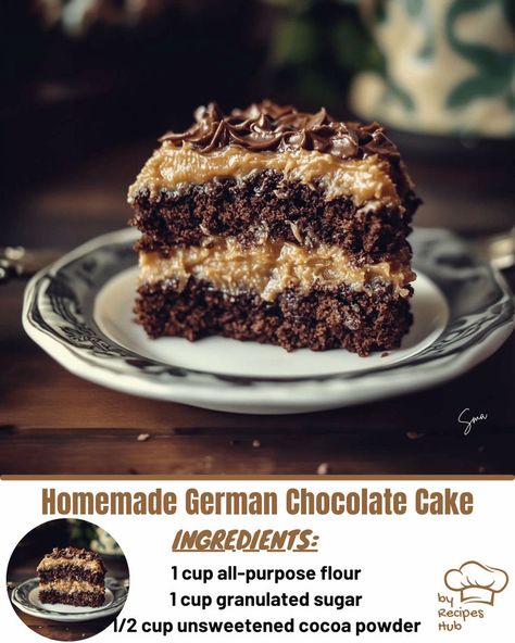 Homemade German Chocolate Cake German Chocolate Cake Frosting, Homemade German Chocolate Cake, German Chocolate Cake Recipe, Coconut Pecan Frosting, Cake Recipes Easy Homemade, Coconut Pecan, Leftover Cake, Rich Desserts, German Chocolate Cake