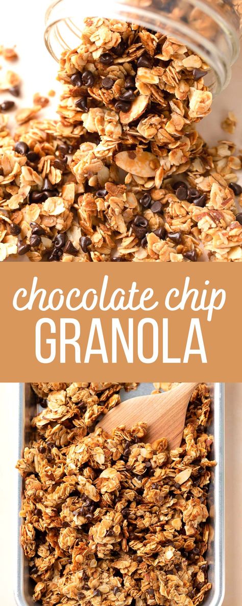 homemade chocolate chip granola in a jar and on a sheet pan Granola Recipe Chocolate Chip, Vanilla Chocolate Chip Granola, Granola With Chocolate Chips, Homemade Granola Chocolate Chip, Homemade Granola Chocolate, How To Make Granola At Home, Gronala Recipes Easy, Homemade Soft Granola, Homade Granola