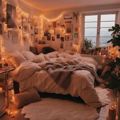 Room Decor Cozy Bedroom, Cozy Comfy Bed, Cozy Bedroom Canopy, Bedroom With Lights On Wall, Cozy Aesthetic Decor, Book Room Ideas Bedrooms, Cozy Lights Bedroom, Cute Bedroom Pictures, High Ceiling Decorating Bedroom