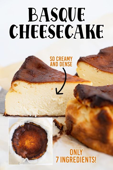 Basque Recipes, Basque Cake, Photo With Text, Burnt Basque Cheesecake, Basque Food, Basque Burnt Cheesecake, Cheesecake Slice, Basque Cheesecake, Cake Filling Recipes