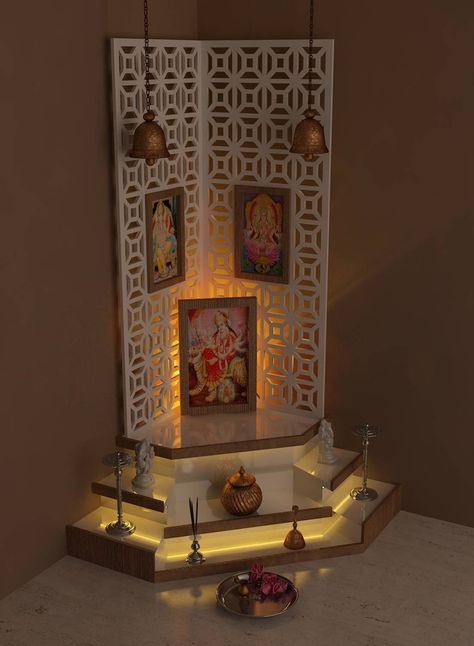 7 beautiful and unique pooja room designs by Indian interior… Corner Temple Design For Home Modern, Pooja Corner Ideas, Corner Pooja Mandir, Corner Mandir Design, Pooja Setup, Mandir Design, Temple Design For Home, Pooja Mandir, Pooja Room Door Design