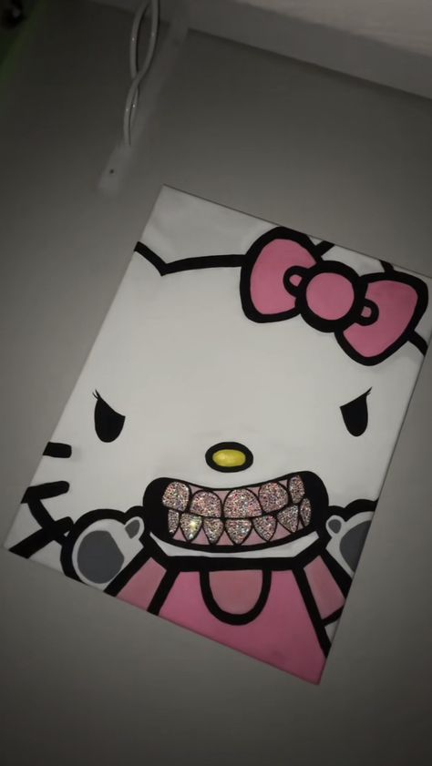 Early 2000s Painting Ideas, Hello Kitty Grillz Painting, Hello Kitty Painting With Grills, Painting Ideas Easy Simple With Quote, Baddie Aesthetic Paintings, Hello Kitty Grills Painting, 2023 Canvas Painting, Easy Kaws Painting Ideas, Hello Kitty With Grills Painting