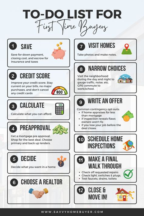 Calling all first-time home buyers! Take the stress out of the home buying process with our essential infographic checklist. Discover 12 must-do list items that guide you through every step of buying your first home. From getting pre-approved for a mortgage to conducting inspections. Empower yourself with knowledge and confidence as you embark on this exciting journey. Save this info. Tips To Buy A House First Time, First Time Home Buyers Guide, Steps For First Time Home Buyers, Buying A New Home Checklist, How To Buy Your First Home In Your 20s, Pre Approval Mortgage First Time, Tips For First Time Home Buyers, Home Buying First Time, First Time Home Buyer Checklist To Buy