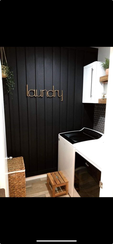 Black Beadboard, Hgtv Designers, Mudroom Makeover, Laundry Room Wallpaper, Laundry Room Closet, Fox Home, Laundry Room Ideas, Laundry Closet, Black Tiles