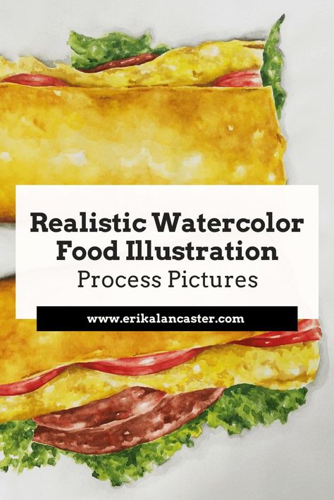 Process photos for painting food realistically with watercolor. My reference photo and tips. #watercolorfoodillustration #howtopaintwithwatercolors #watercolourideas #watercolorsandwichart Photos For Painting, Sandwich Painting, Sandwich Pictures, Beginner Drawing Lessons, Beginner Drawing, Watercolor Food Illustration, Painting Food, Realistic Watercolor, Watercolor Food