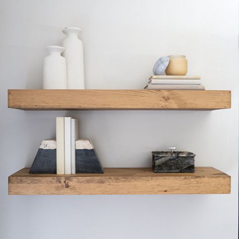 How To Make Floating Shelves, Modern Floating Shelves, Rustic Wooden Shelves, Floating Shelves Bathroom, Pine Boards, Solid Wood Shelves, Wood Floating Shelves, Floating Wall, Shelf Design