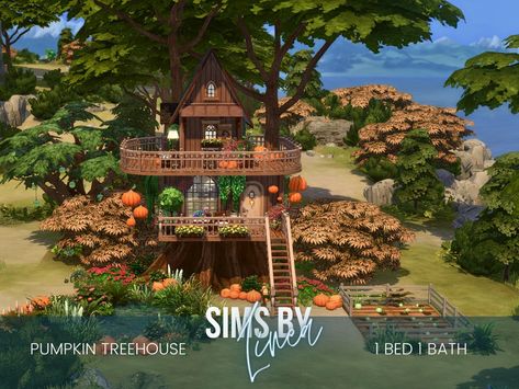 Treehouse Sims 4, Sims 4 Treehouse, Small Houseboats, Sims 4 House Ideas, Falling Water House, Sims 4 House, Tiny Loft, Sims Builds, Sims 4 Bedroom