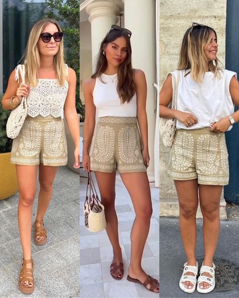 Portuguese Style, Outfit Verano, Style 2023, Summer 22, Vacation Outfit, Embroidered Shorts, Street Style Inspiration, Ootd Outfit, Vacation Outfits