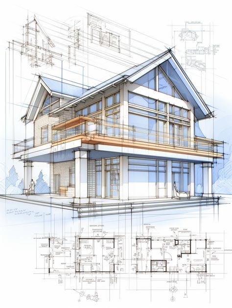 A comprehensive engineering blueprint for a sustainable energy-efficient home. Include the house's detailed mechanical design. Mechanical Design Drawings, Modern House Design Drawing, House Sketch Architecture, House Design Sketch, Architect Blueprint, Blueprints House, Architectural Blueprint, Types Of Perspective, Home Sketch