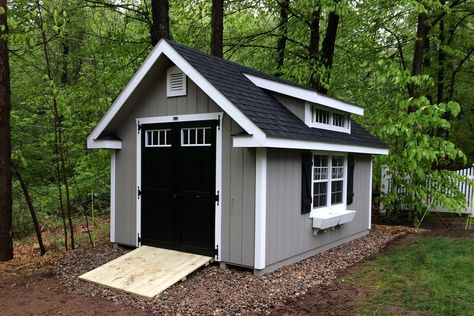 Grey Shed, Shed Exterior Ideas, Shed Design Ideas, Cottage Photos, Cottage Shed, Sheds Ideas Backyard, Small Shed, Decorative Shutters, Backyard Barn