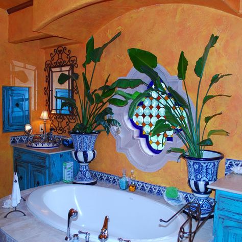 Mexican Tile Bathroom, Spanish Style Bathrooms, Clay Imports, Hacienda Style Homes, Talavera Tile, Mexican Home Decor, Mexican Home, Spanish Architecture, Mexican Tile