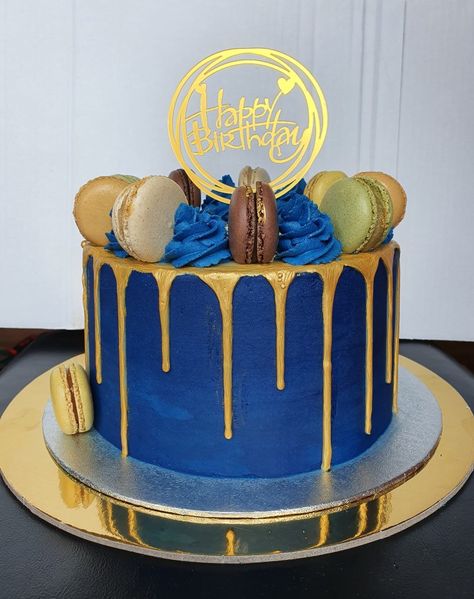 Royal blue and gold drip cake, macarons, chocolate, vanilla, American buttercream, 50th birthday cake, mens birthday cake Yellow And Blue Cake Designs Birthday, Royal Blue And Gold Cake Birthday, Birthday Cake Royal Blue, Royal Blue And Gold Cake For Men, Blue Drip Cake For Men, Royal Blue Cake Ideas, Blue And Gold Drip Cake, Mens Birthday Cake Simple Blue, Blue And Gold Cake For Men