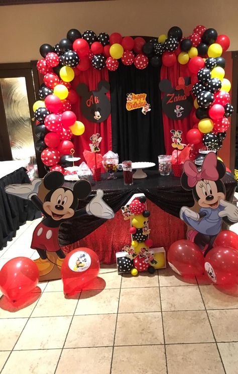 Mickey n Minnie Mouse Twin First birthday decor Mickey Minnie Birthday Party Twins, Mickey N Minnie, Twin Birthday Party, First Birthday Decor, Mickey Mouse Pins, Minnie Birthday Party, Twin First Birthday, Twins 1st Birthdays, Mickey And Minnie Mouse