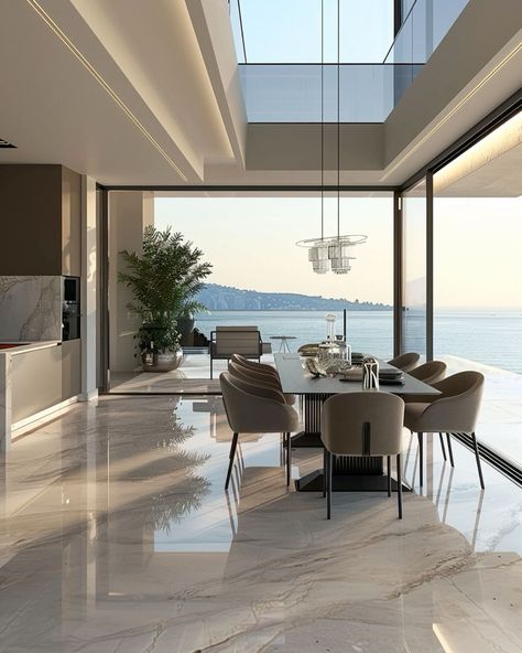 Full Window Dining Room, Penthouse Dining Room, Beach House Dining Room, Grand Dining Room, Modern Glass House, Primitive Dining Room, Dining Room Design Luxury, Dining Room Console, Shabby Chic Dining