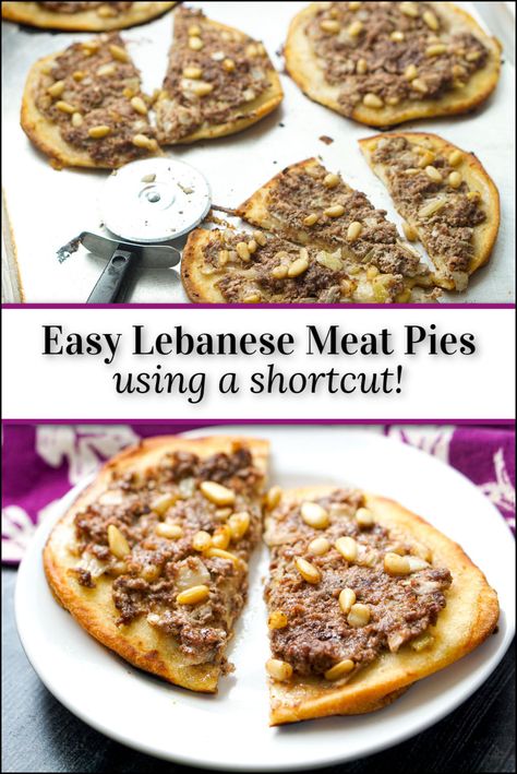 baking sheet with Lebanese meat pies and text Syrian Meat Pies, Lebanese Meat Pies Ground Beef, Arabic Food Traditional, Meat Pasties, Jordanian Recipes, Assyrian Food, Lebanese Meat Pies, Middle Eastern Recipes Arabic Food, Lebanese Dishes