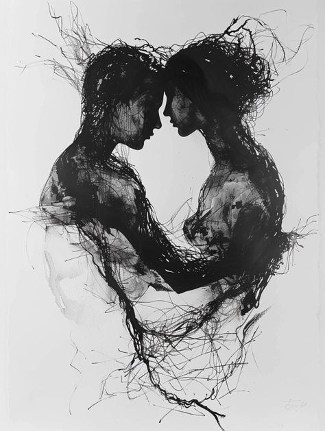 Exploring the "Entwined Couple Series" in Digital Ink Art Black And White Love Art, Man And Woman Silhouette, Soulmates Art, Romantic Illustration, Ink Drawing Techniques, Tattooed Woman, Couples Art, Pencil Drawing Images, Mannequin Art