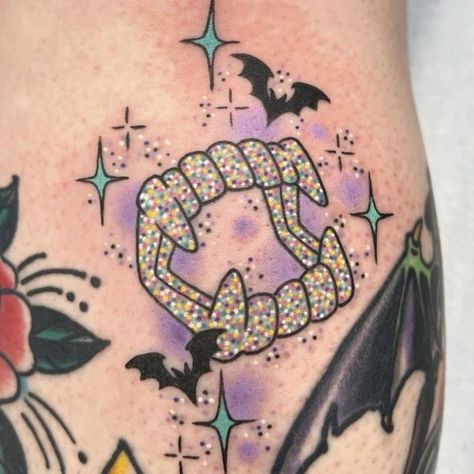 Creepy Girly Tattoos, Halloween Glitter Tattoo, Spooky Shin Tattoo, Women Lower Stomach Tattoos, Bold Color Tattoo, Cute Vampire Tattoo, Lisa Frank Tattoo Small, Marshmallow Tattoo, Spooky Tattoos For Women