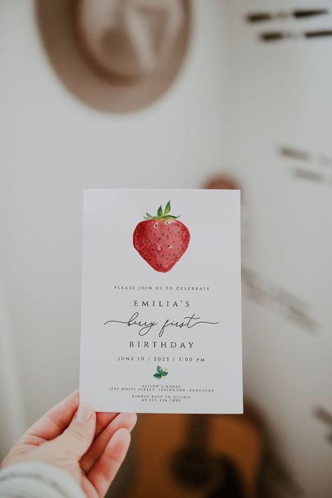 Strawberry Birthday Invitation Template, Berry First Birthday Invitation, Strawberry 1st Birthday Invite, Girl Birthday Party Invitation Strawberry Birthday Invite, Boho Berry First Birthday, Berry First Birthday Invitation Free, Cottagecore First Birthday, Simple First Birthday Girl, Two Birthday Invitations, Berry One Birthday, Strawberry 1st Birthday Party Theme, First Birthday Themes Girl