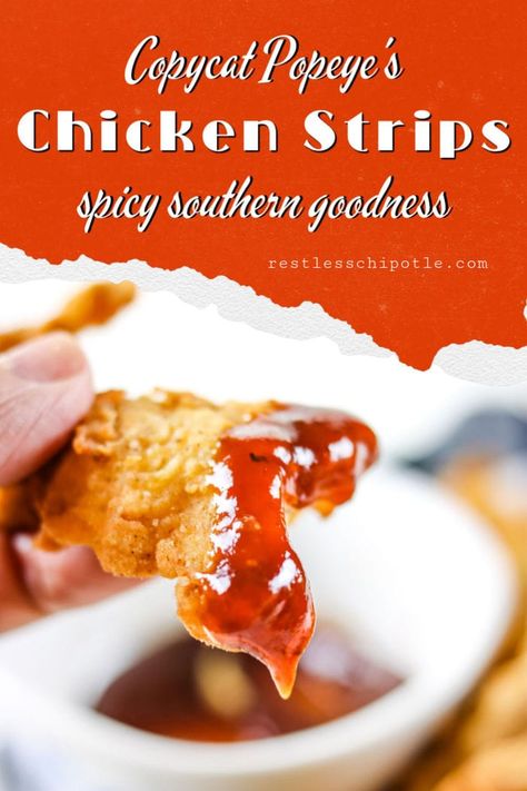 Crispy, spicy chicken strips are better than the fast food favorite. The meat is tender and juicy and the coating is perfectly crisp and spicy. Deep fryer, skillet, and air fryer instructions included. Crispy Spicy Chicken, Popeyes Spicy Chicken Recipe, Spicy Chicken Tenders, Crunchy Chicken Tenders, Chicken Strip Recipes, Crunchy Chicken, Popeyes Chicken, Spicy Chicken Recipes, Copykat Recipes