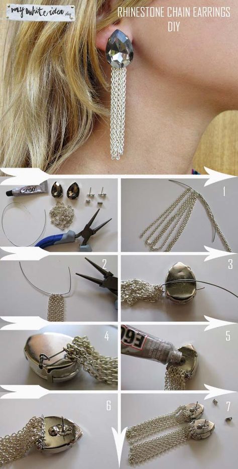 40 DIY Earrings Ideas Diy Statement Earrings, Diy Jewelry Earrings, Diy Jewelry Tutorials, Bijoux Fil Aluminium, Diy Rhinestone, Nail Ring, Rhinestone Chain, Earring Tutorial, Handmade Beaded Jewelry