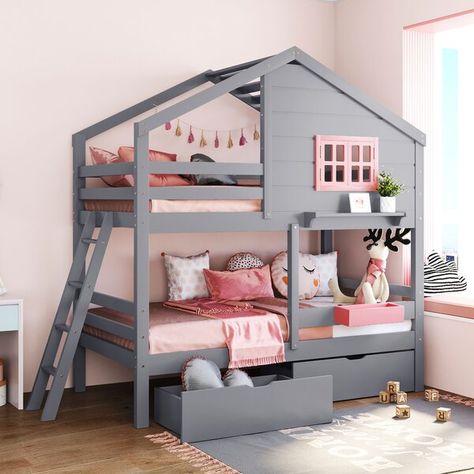 Harper Orchard Vandenbosch Kids Twin Over Twin Bunk Bed with Drawers & Reviews | Wayfair Grey Bunk Beds, Shelf Window, Trundle Bed With Storage, Solid Wood Bunk Beds, House Bunk Bed, House Frame Bed, Twin Over Twin Bunk Bed, Wooden Bunk Beds, Wood Bunk Beds