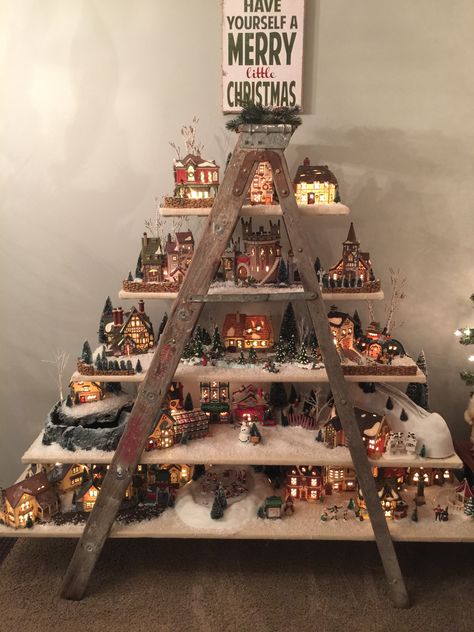 Dept. 56 Christmas Village Ladder Display Christmas Village Ladder, Christmas Village Display Ideas, Village Display Ideas, Christmas Tree Village Display, Diy Christmas Village Displays, Wooden Ladders, Ladder Display, Christmas Tree Village, Diy Christmas Village