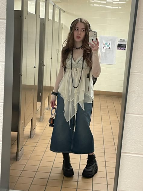 long denim skirt alt fashion demonias Denim Long Skirt Outfit Ideas, Denim Long Skirt Outfit, Cute Layered Outfits, Blue Maxi Skirt Outfit, Aspen Summer, Long Jean Skirt Outfits, Denim Maxi Skirt Outfit, Skirt Over Jeans, Clothing Diys