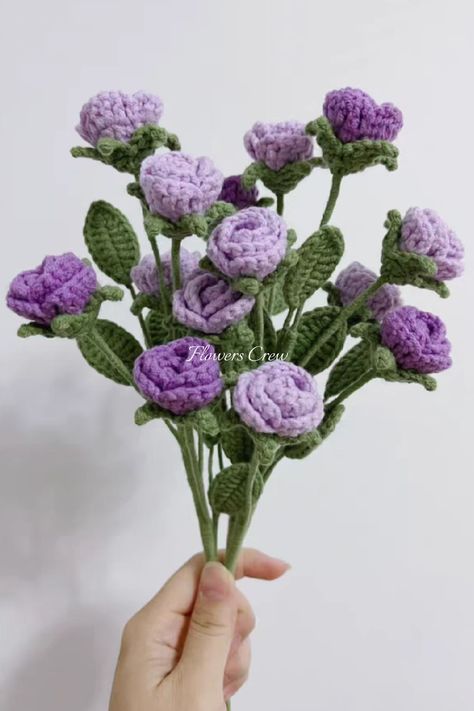 purple Polyanthas Purple Rose Crochet, Purple Flowers Crochet, Crochet Flowers In A Vase, Crochet Flower Display, Purple Crochet Bouquet, Small Crochet Bouquet, Purple Crochet Ideas, Crochet Purple Flower, Purple Flower Crochet