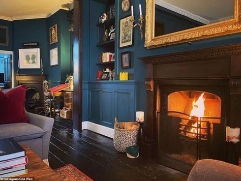 Gok Wan reveals the VERY Insta-friendly interiors of his Georgian home in London | Daily Mail Online Furniture Websites, Teal Paint Colors, Furniture Color Schemes, Living Room Decor Brown Couch, Teal Living Rooms, Green Interior Design, Teal Walls, Dark Furniture, Trendy Living Rooms