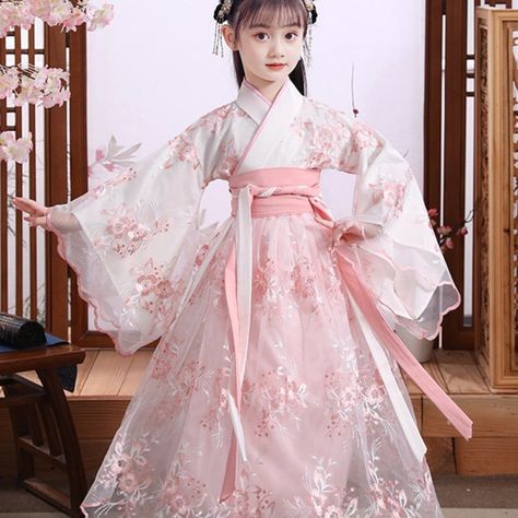 Lively Color Palette Long Sleeve Wavy Hems Adjustable Waistline With Straps Perfect Outfit For Your Kid's School, Outgoings And Formal Events Size S: Bust 25.2, Length 28 Size L: Bust 28.3, Length 32.7 Floral Princess Dress, Japanese Wedding Dress, Kimono Costume, Sakura Petals, Chinese Princess Dress, Red Wedding Gowns, Fantasy Outfits, Traditional Aesthetic, Karakter Sanrio