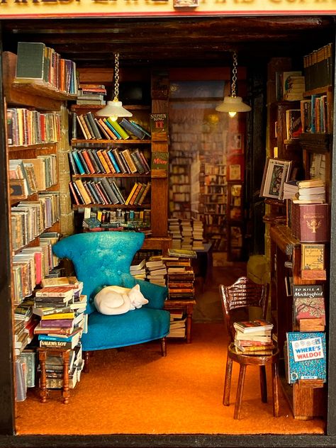 Bookshelf Mini Worlds, Bookstore Miniature, Miniature Booknook, Miniature Bookstore, Tiny Bookstore, Booknook Ideas, Mini Bookstore, Paris Bookstore, Miniature Book Nook