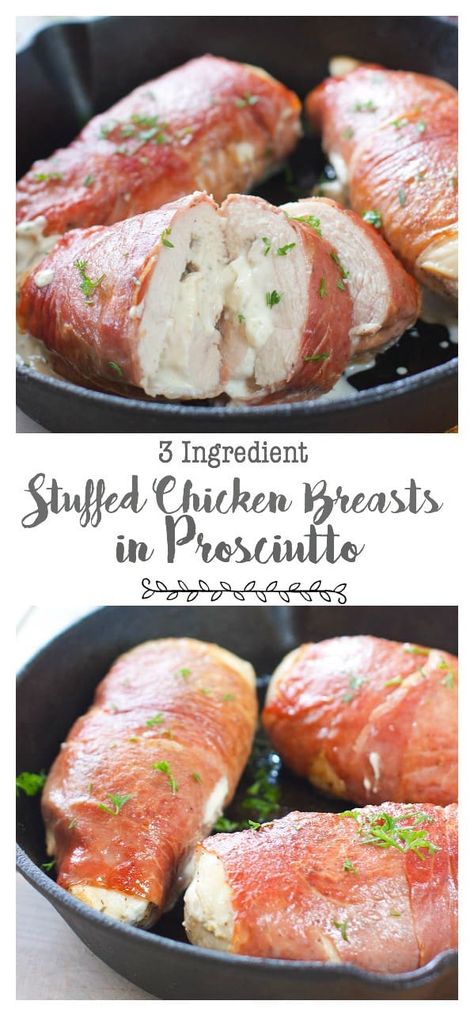 Prosciutto Wrapped Chicken Breasts Prosciutto Wrapped Chicken Breast, Prosciutto Wrapped Chicken, Chicken Lickin, Prosciutto Recipes, Three Ingredient Recipes, Cheese Stuffed Chicken Breast, Chicken Receipes, Stuffed Chicken Breasts, Prosciutto Wrapped