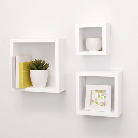 Amazon.com:____$30___ Nexxt Cubbi Contemporary Floating Wall Shelves 5 by 5 inch, 7 by 7 inch 9 by 9 inch White Set of 3: Home & Kitchen Floating Wall Shelves White, Square Shelves, Square Floating Shelves, Shelves Decor, Wall Cubes, Long Floating Shelves, Floating Shelves Bedroom, Floating Shelves Living Room, Square Shelf