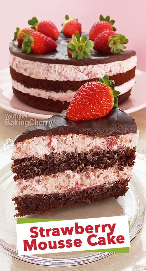 Chocolate Cake with Strawberry Mousse Filling recipe! Learn how to make a fluffy and rich chocolate cake layered with an airy strawberry mousse filling that melts in your mouth! #cake #recipe #mousse #dessert #chocolate #strawberry #homemade #baking Strawberry Chocolate Moose Cake, Chocolate Cake With Strawberries And Whipped Cream, Strawberry Mousse Filling For Cake, Chocolate Strawberry Layer Cake, Strawberry Mouse Cake Filling, Strawberry Mousse Cake Recipe, Chocolate Cake Strawberry Filling, Easy Chocolate Strawberry Cake, Strawberry Chocolate Mousse Cake