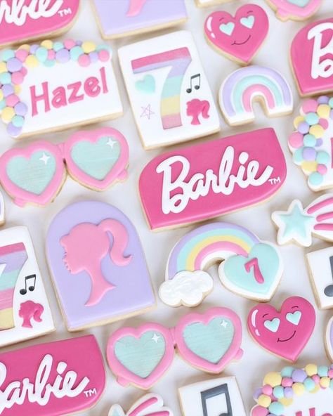 A Modern Cookie on Instagram: "Come on Barbie, let’s go party! 💗🎂🎵 . I’ve had the privilege of making Hazel’s birthday cookies for 4 years now and I think these are my favorite yet! Such a fun theme and my childhood self would totally love them 🥰 Did you love Barbies when you were a kid?! . . . . #barbiecookies #barbiebirthday #birthdaycookies #sunglasscookies #girlbirthdayparty #arizonacookies #arizonafood #arizonasmallbusiness #royalicingcookies #royalicing #cookiesofinstagram #cookiedecor Barbie Cupcakes, Barbie Pool Party, Cute Barbie, Barbie Party Decorations, Barbie Birthday Cake, Barbie Theme Party, Barbie Kids, Barbie Birthday Party, Barbie Theme