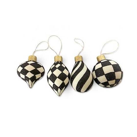 PRICES MAY VARY. Style : Classice Courtly Batteries required : False Make your tree merry and bright with our set of four Classic Courtly Glass Ornaments. These glittered ornaments feature different black and white patterns, topped with large golden caps. Think of these as extraordinary basics that will add extra shine to your tree. Mackenzie Childs Christmas, Elegant Holiday Decor, Black And White Patterns, Luxury Christmas Tree, Tree Shop, Mackenzie Childs, Glass Christmas Ornaments, Unique Christmas, How To Make Ornaments