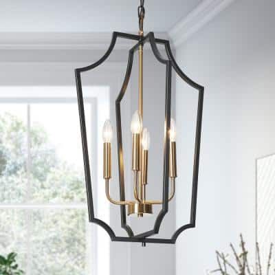 Simple geometric frame combined with a mini candlestick design, this black and brass hanging pendant light is a nice fixture to embellish various spaces like your kitchen island, dining room, hallway, and foyer, especially 2 or more in a row to get a wonderful visual effect. The highly polished brass surface is electroplated to present a bright and sleek modern look, bringing your space a great sense of sophistication and dynamic. With a timeless combination of black and brass gold finish, this Geometric Lantern, Modern Farmhouse Chandelier, Foyer Lighting Fixtures, Modern Lanterns, Brass Light Fixture, Cage Chandelier, Gold Pendant Lighting, Lantern Chandelier, Farmhouse Chandelier