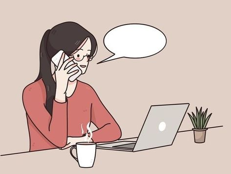 Girl Using Phone Cartoon, Girl Using Laptop Aesthetic, Talking On Phone Illustration, Cup Of Coffee Illustration, Face Sketching, Pc Drawing, Laptop Drawing, Talking On Phone, Work Cartoons