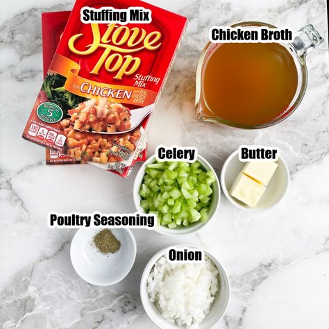 Stuffing Balls With Stove Top, Doctored Up Stove Top Stuffing, Doctored Stove Top Stuffing Recipes, Stovetop Stuffing Recipes, Stuffing In The Oven, Quick Stuffing, Stuffing Mix Recipes, Corn Bread Stuffing, Boxed Stuffing