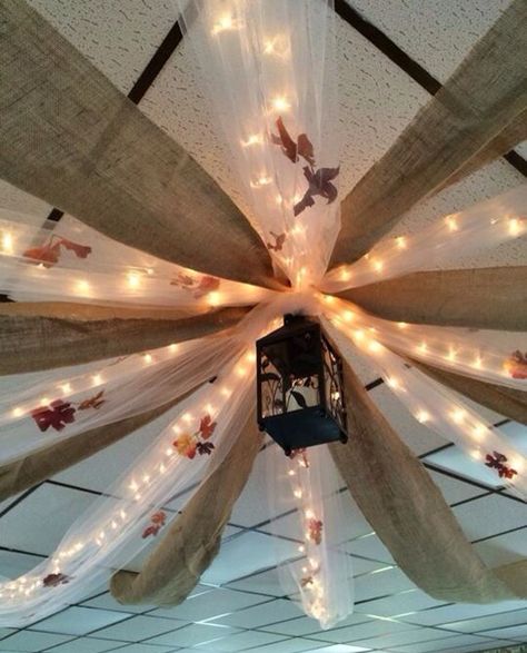 Decorations for our "fall wedding"- ceiling decor Fall Wedding Ceiling Decor, Fall Ceiling Decorations, Fall Themed Dance, Fall Formal Decorations Dance, Halloween Decorations Ceiling, Ceiling Decor Classroom, Fall Dance Themes, Fall Dance Decorations, Corn Wedding