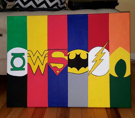 Green Lantern, Wonder Woman, Superman, Batman, The Flash, Aquaman.  Canvas painting Avengers Canvas Painting, Superhero Canvas Painting, Superman Painting, Superhero Painting, Superhero Canvas, Wonder Woman Superman, Superman Drawing, Disney Canvas Paintings, Marvel Canvas