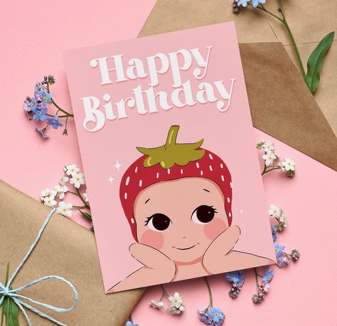 Angel Birthday, Birthday Card Drawing, Birthday Card For Her, Happy Birthday Wishes Cards, Birthday Card Design, Birthday Wishes Cards, Birthday Cards For Her, Red Strawberry, Sonny Angel