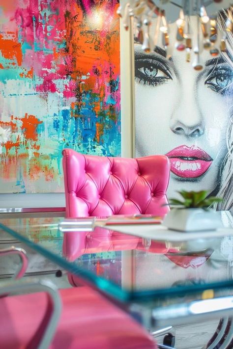 Glamorous Office Decor & Ideas to Inspire Your Workspace Hot Pink Office Ideas, Pink Bedroom Walls For Women, Bright Pink Office, Hot Pink Office Furniture, Glam Office Decor Workspaces, Salon Interior Design Pink Glam, Womens Office Ideas, Girly Office Ideas, Glam Office Ideas