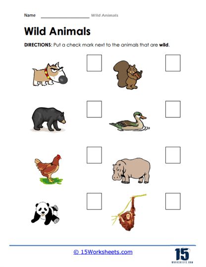 Wild and Domestic Animals Worksheet - 15 Worksheets.com Domestic And Wild Animals Worksheets, Domestic Animals Worksheets, Animals Worksheet, Holiday Science, Kindergarten Social Studies, Animal Worksheets, Check Mark, Domestic Animals, Animal Groups