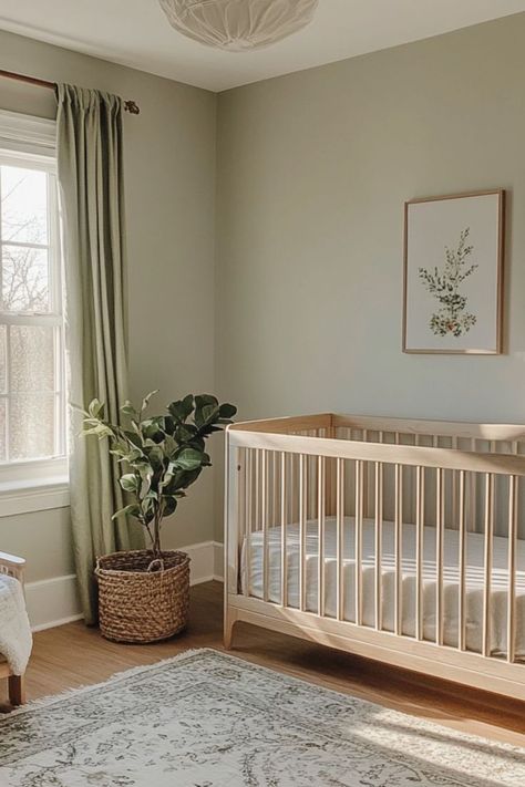 A calming nursery featuring a mix of beige and cream tones. The room includes a cream-colored crib, beige curtains, and a plush rug. The walls are a soft, neutral shade, and the space feels warm and welcoming with soft natural light. Nursery Colours Neutral, Neutral Sage Green Nursery, Walnut Nursery Decor, Soothing Nursery Ideas, Master And Nursery Shared, Minimal Neutral Nursery, Neutral Nursery Minimalist, Eucalyptus Nursery Decor, Nursery Room Gender Neutral