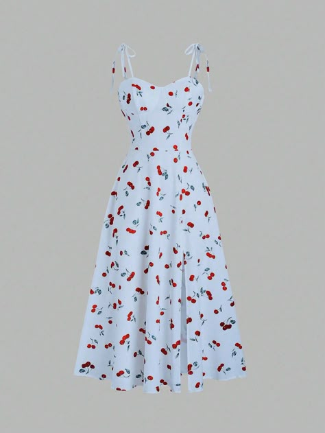 Women Spaghetti Strap Cherry All-Over Print Zip-Up Back Dress Baby Blue Casual  Sleeveless Woven Fabric Fruit&Vegetable,All Over Print Cami Non-Stretch  Women Clothing, size features are:Bust: ,Length: ,Sleeve Length: Colorguard Outfits, Clueless Outfits, Cherry Dress, Women Midi, Womens Midi Dresses, Modest Outfits, Midi Dresses, Dress Backs, Dress P