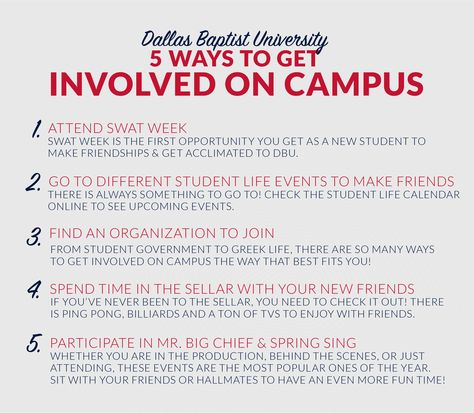 How to get involved at Dallas Baptist University! Dallas Baptist University, University Aesthetic, University Dorms, College Aesthetic, College Stuff, New Students, Student Activities, Student Life, College Life