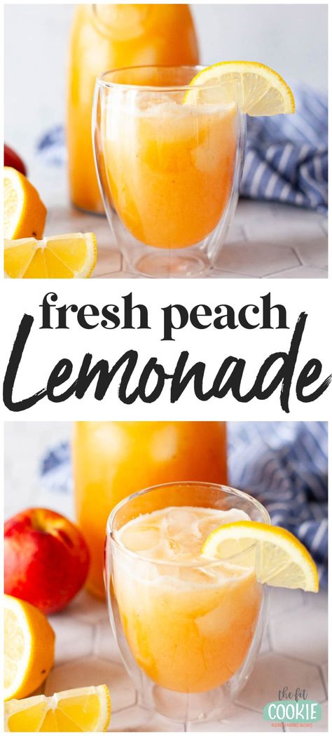 Kick back this summer with a refreshing glass of fresh peach lemonade over ice. Our peach lemonade tastes amazing and is made with simple ingredients and fresh lemons and peaches. | thefitcookie.com Peach Lemonade, Peach Puree, Vegan Drinks, Peach Juice, Peach Recipe, Grilled Veggies, Lemonade Recipes, Eating Recipes, Sharing Board