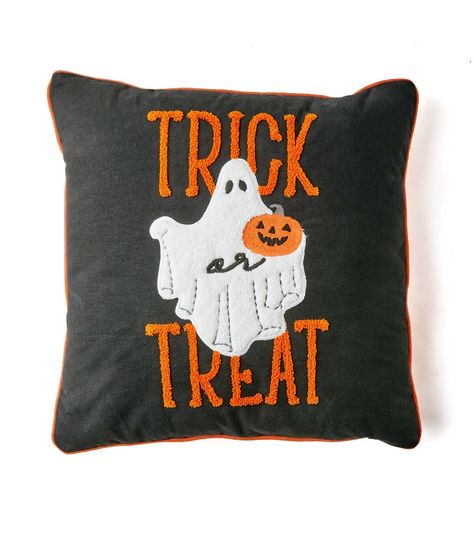 18" x 18" Halloween Trick or Treat on Black Pillow by Place & Time | JOANN Halloween Pillows Diy, Halloween Lunch Box, Boo Pillow, Homemade Pillows, Halloween Pillow, Halloween Throw Pillow, Boo Basket, Black Pillow, Cricut Halloween